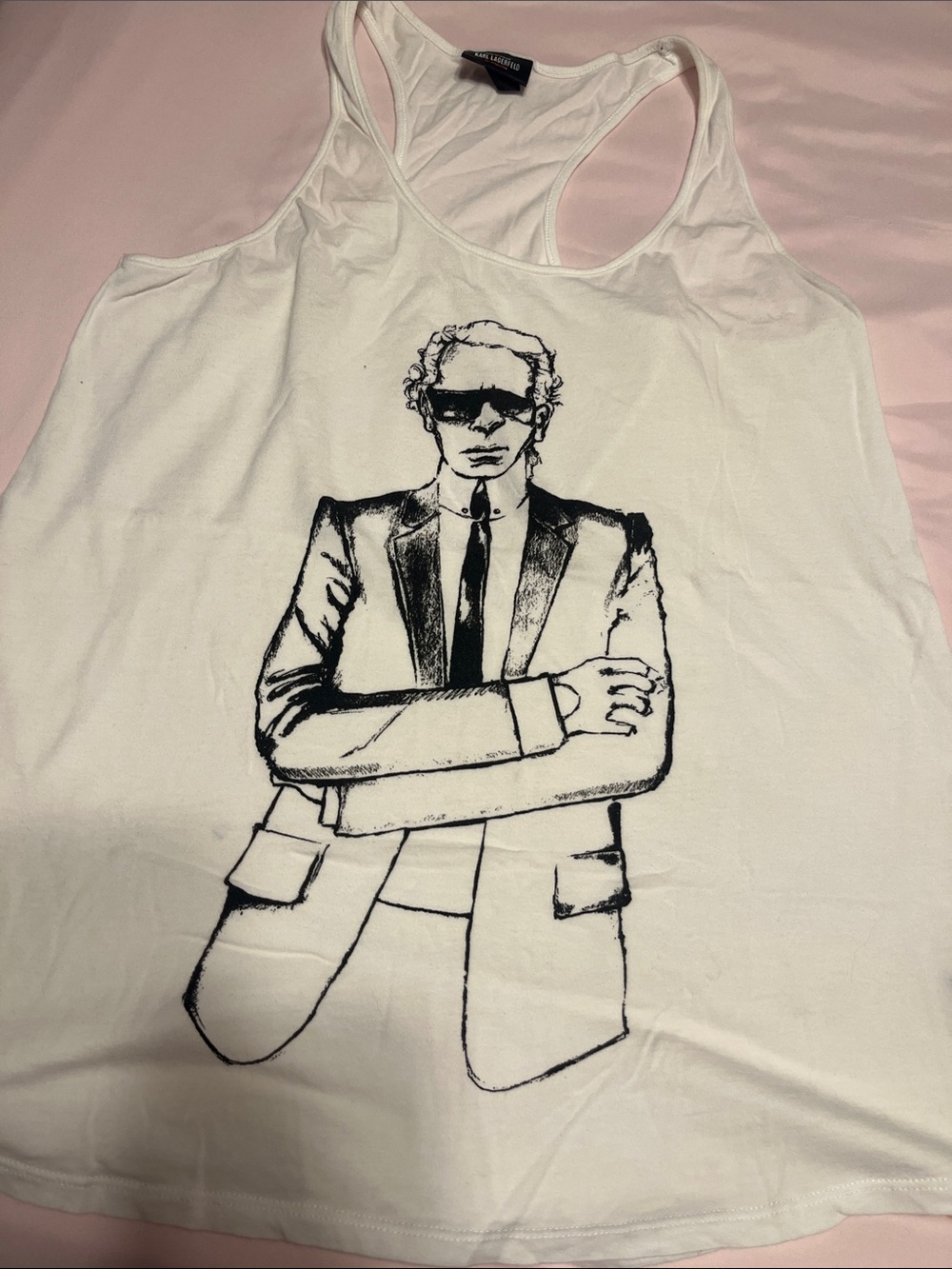 Karl Lagerfeld White Tank Top with Black Graphic Sketch